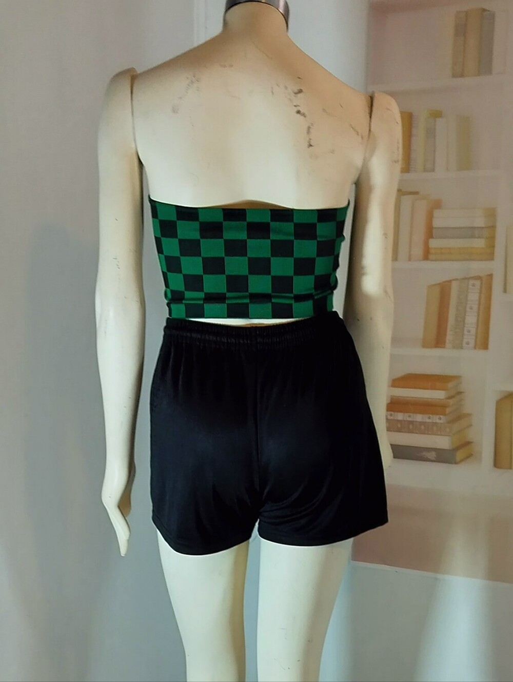 & Other Stories Green Checkerboard Tube Top and Black Shorts - Picture 3 of 5